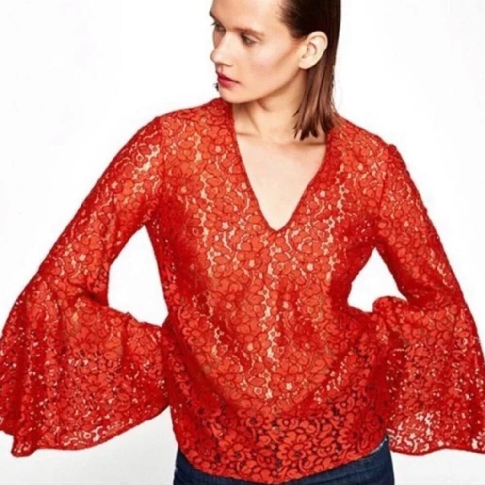 Zara Top Blouse Lace Bell Sleeve Orange Size Medium